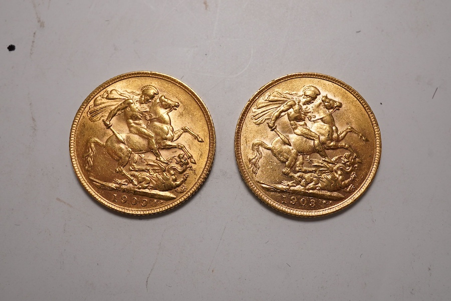 British gold coins, Edward VII, two gold sovereigns, 1903, VF or better and 1909, about EF